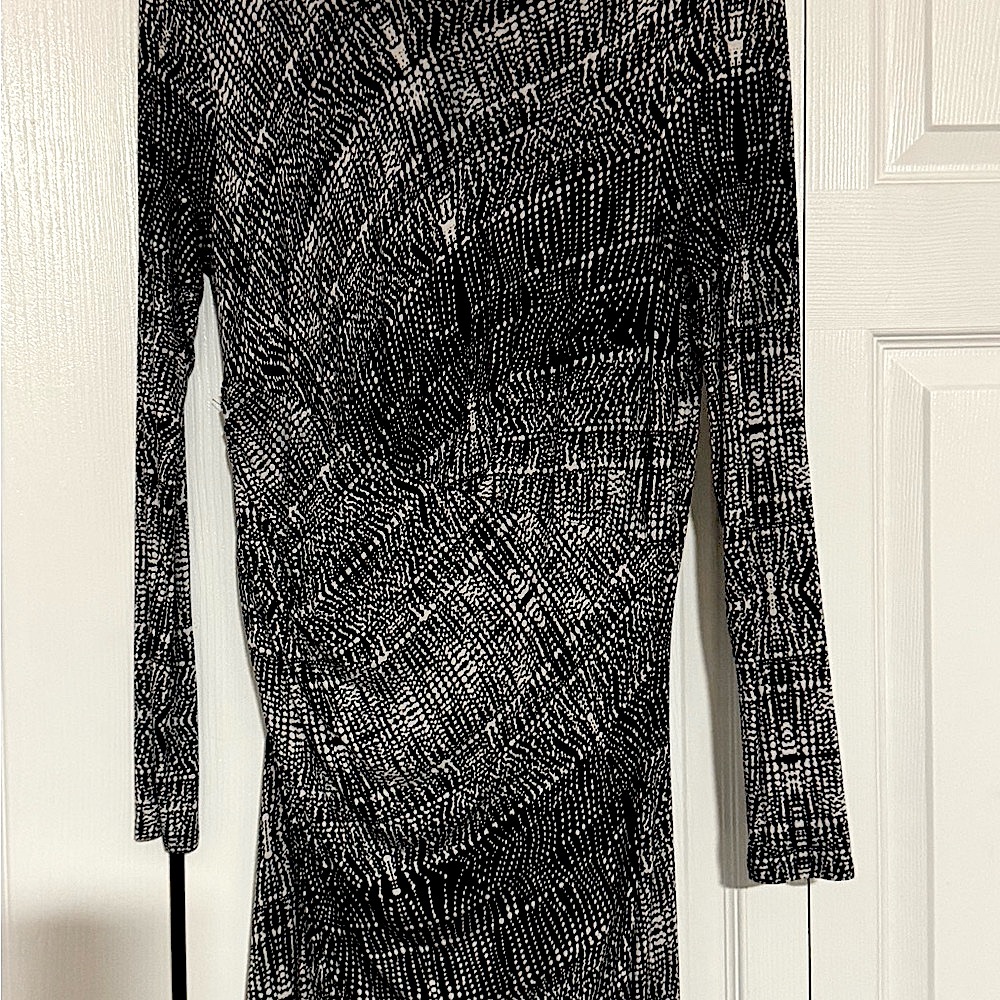 Bebe Black and White Asymmetrical Long Sleeve Bodycon Dress